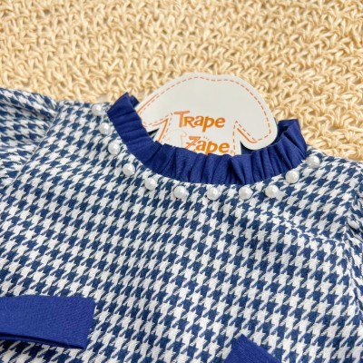 Vestido Pied de Poule com Pérolas - Azul Marinho